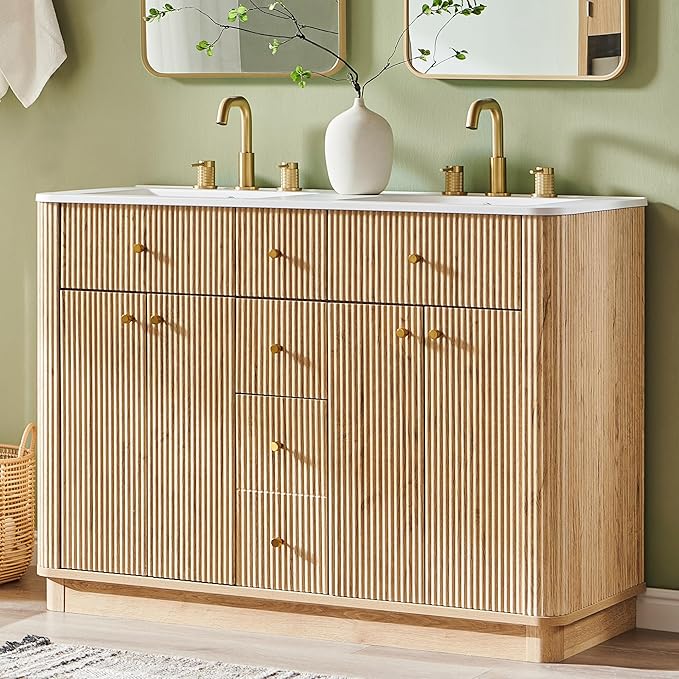 T4TREAM 48 Inch Bathroom Vanity with Sink, Modern Fluted Large Double Sink Bathroom Vanity with 2 Storage Cabinets, Adjustable Shelf, and 2 Drawers, Natural Oak
