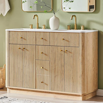 T4TREAM 48 Inch Bathroom Vanity with Sink, Modern Fluted Large Double Sink Bathroom Vanity with 2 Storage Cabinets, Adjustable Shelf, and 2 Drawers, Natural Oak