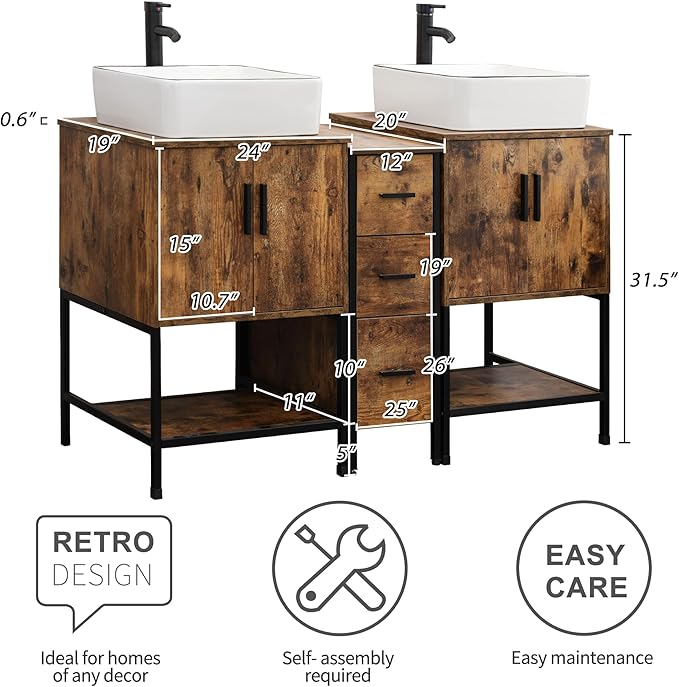 UEV Rustic Brown 60" Double Bathroom Vanity with Sink Combo,Industrial Iron Frame 2 Main Bathroom Vanity with Middle 3 Drawers Cabinet,Modern Artistic Ceramic Vessel Sink(031WH)
