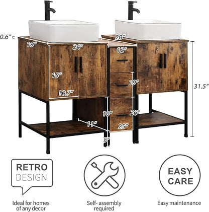 UEV Rustic Brown 60" Double Bathroom Vanity with Sink Combo,Industrial Iron Frame 2 Main Bathroom Vanity with Middle 3 Drawers Cabinet,Modern Artistic Ceramic Vessel Sink(031WH)