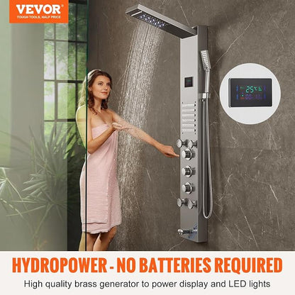 VEVOR Shower Panel Tower System, 6 Shower Modes, LED & Screen Hydroelectricity Shower Panel, Rainfall, Waterfall, 5 Massage Jets, Tub Spout, Handheld Shower, Stainless Steel Wall-Mounted Shower Set