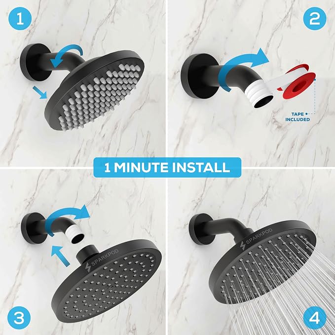 SparkPod Rain Shower Head, 6 Inch Round, Midnight Black Matte Finish | High Pressure Shower Heads, 90 Nozzles, Adjustable Showerhead, No Tools Needed, Universal Connection