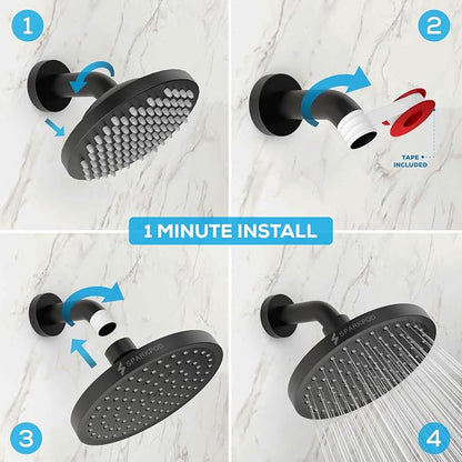 SparkPod Rain Shower Head, 6 Inch Round, Midnight Black Matte Finish | High Pressure Shower Heads, 90 Nozzles, Adjustable Showerhead, No Tools Needed, Universal Connection