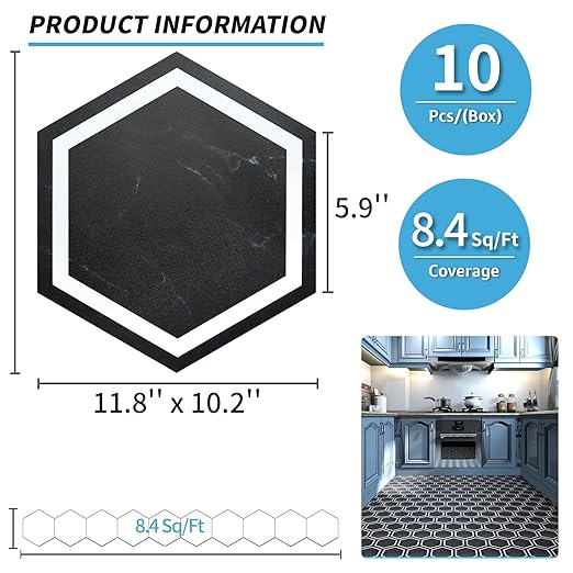 Art3d 10-Pack Hexagon Peel and Stick Flooring Tile Marble Look, Self Adhesive Waterproof Vinyl Floor Tile for Living Room, Kitchen, Bathroom, Bedroom, 11.8" x 10.2" Black Marble