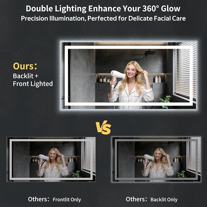 72"x36" LED Bathroom Mirror with Lights, Backlit+Frontlit, Anti-Fog | CRI 95, Stepless Dimmable, 3 Colors Lighting, Shatterproof Tempered Glass, HD Reflection, Memory, (Horizontal/Vertical)
