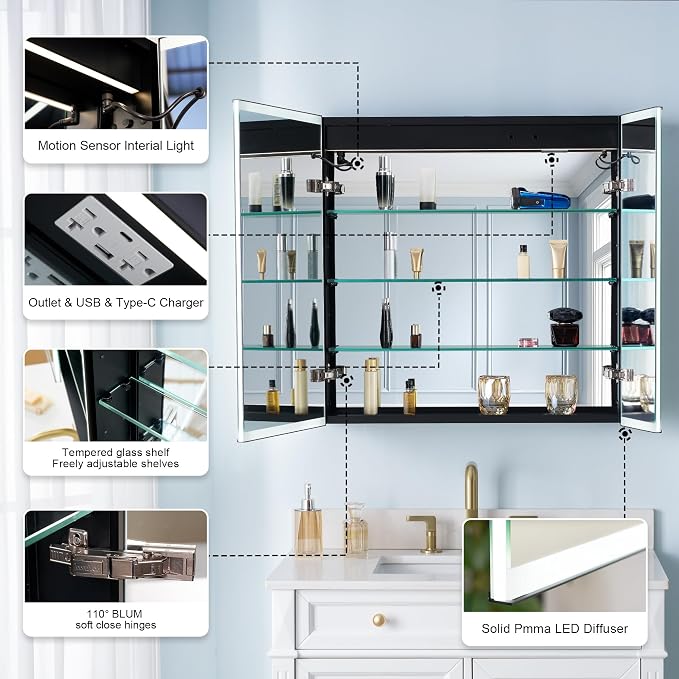 30" X 30" LED Mirrored Medicine Cabinet, Bathroom Medicine Cabinets with Lights for Bathroom, Defogging Function Mirror Cabinet, Medicine Cabinet with USB Port & Outlet, Double Doors