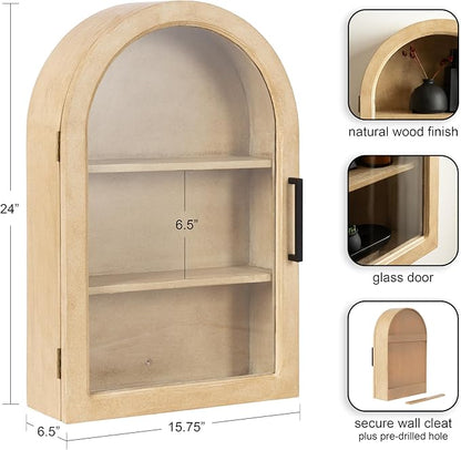 Kate and Laurel Arcott Modern Arch Wall Cabinet, 16 x 7 x 24, Natural Wood, Transitional Arched Cabinet for Use as Over-The-Toilet Storage or Living Room Storage Option