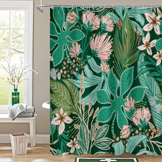 Boho Floral Shower Curtain, Dark Emerald Botanical Fabric Curtain, 72 x 84 | Boho floral, vintage botanical, dark floral, rustic farmhouse, colorful flowers, fabric shower curtain