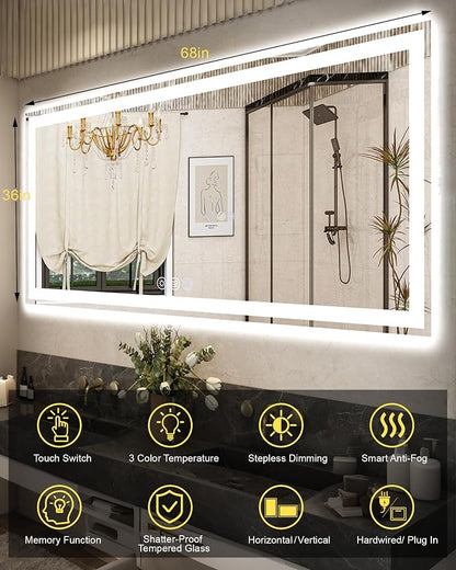 68x36 LED Bathroom Mirror, 6000LM, Separate Front and Back Lights | UL Certified,Shatter-Resistant Tempered Glass,Auto-Off Defogger,3 Color Modes,Smooth Dimming,Smart Memory Setting