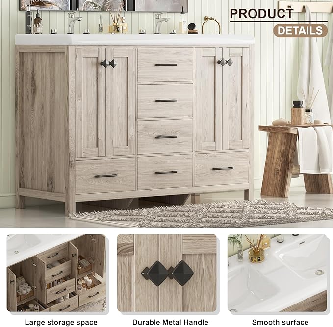 Bathroom Vanity with Sink Combo, 48" Modern Bathroom Storage Cabinet with Double Sink Ceramic, 4 Doors and 5 Drawers, Space-Saving Storage Cabinet, Light Gray Wood