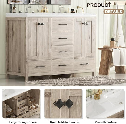 48" Bathroom Vanity with Sink Combo, Modern Bathroom Storage Cabinet with Double Sink Ceramic, 4 Doors and 5 Drawers, Space-Saving Storage Cabinet, Light Gray Wood