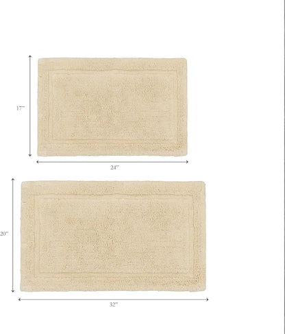 Jean Pierre New York Lydia Border 100% Cotton Bath Mat 2-Piece Set - Non-Slip Bath Rug - Ivory - 17"x24" & 20" x 32"