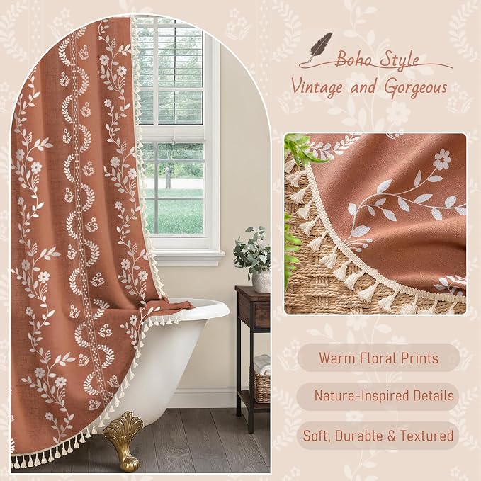 Boho Terracotta Vintage Shower Curtain with Tassels 72 x 72 Inch | Fall Bohemian Floral Linen Fabric Pattern Curtain Curtain For Bathroom