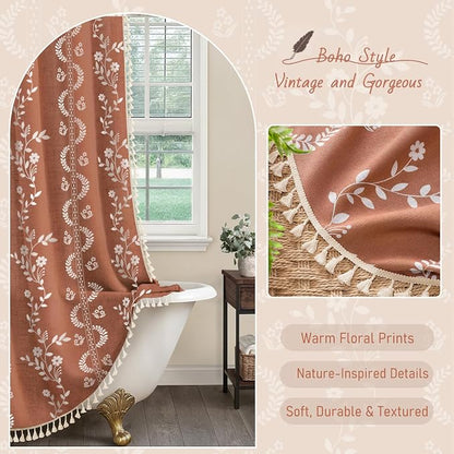 Boho Terracotta Vintage Shower Curtain with Tassels | 72 x 84 Inch,Bohemian Floral Linen Fabric Pattern Curtain Curtain For Bathroom