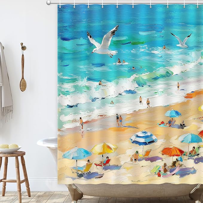 Summer Shower Curtain, Oil Painting Beach Ocean Shower Curtain Coastal Nautical Scene Seaside Seacoast Waterproof Fabric Bathroom Decor, Vacation Themed Bath Curtain for Home, Hotel & Resort