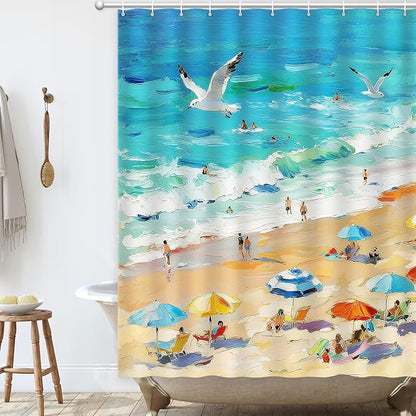 Summer Shower Curtain, Oil Painting Beach Ocean Shower Curtain Coastal Nautical Scene Seaside Seacoast Waterproof Fabric Bathroom Decor, Vacation Themed Bath Curtain for Home, Hotel & Resort