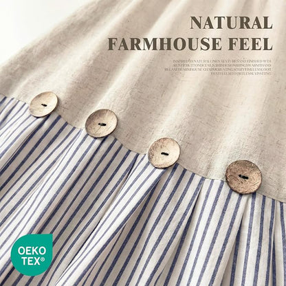 Farmhouse Shower Curtain Linen Button Blue Stripe 72" W x 72" L | Farmhouse Style, Chic Button, Striped, Linen Fabric, Rustic, Country, Natural Look, Washable, for Bathroom Bathtub