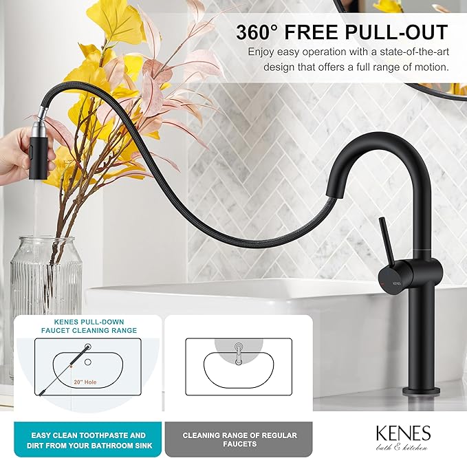 KENES Matte Black Tall Bathroom Faucet with Pull Out Sprayer, Pull Down Vessel Sink Faucet 1 Hole, Single Handle High Vanity Faucet with Pop Up Drain & Supply Lines, LJ-9065A-2