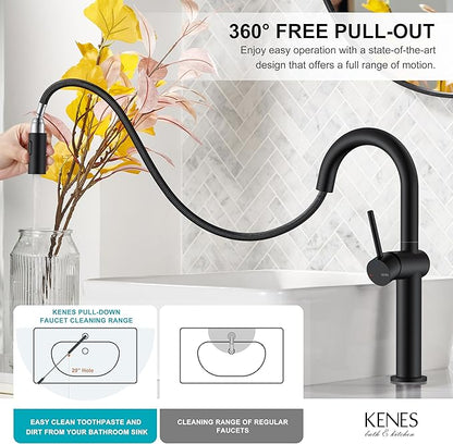 KENES Matte Black Tall Bathroom Faucet with Pull Out Sprayer, Pull Down Vessel Sink Faucet 1 Hole, Single Handle High Vanity Faucet with Pop Up Drain & Supply Lines, LJ-9065A-2