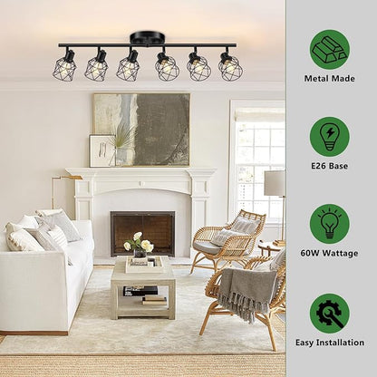 6-Lights Black Semi Flush Mount Ceiling Light, Multi-Directional Ceiling Light Fixtures, Rotatable Kitchen Track Lighting Fixtures with Wire Cages for Living Room, Dining Table, Foyer