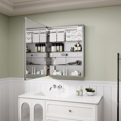 Edge LED Medicine Cabinet Mirror, 24x30 Inch Bathroom Storage, Recessed/Wall Mount, Plug-in/Hardwired, 3 Color Dimmable Light, Anti-Fog, Time Temp Display, Left Hinge