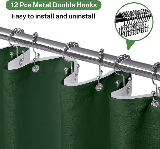 Shower Curtain and Liner, 3 in 1 Shower Curtain Set with 12 Double Sided Shower Curtain Hooks, 72x84 Cloth Shower Curtains for Bathroom,Waterproof, Dark Green