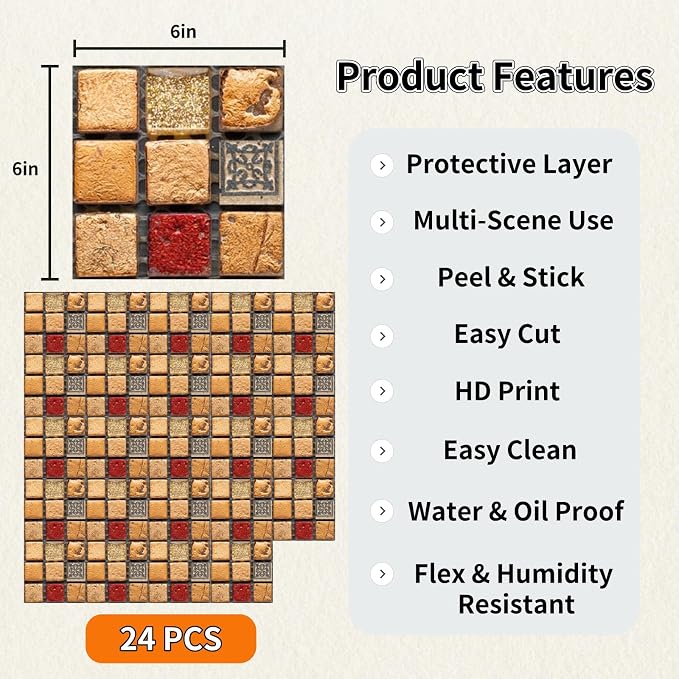 24Pcs Peel and Stick Tile Stickers for Kitchen Bathroom Backsplash Waterproof Traditional Design Wall Decals Easy to Apply DIY Home Decor (Style C, 6 x 6 Inch)
