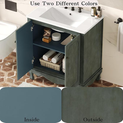 Merax 30" Vintage Bathroom Vanity with Sink, Bathroom Storage Vanity Cabinet with 2 Doors & Rubber Wood Legs & Adjustable Shelves & Antique Handles, Soft-Close Hinges, Antique Blue