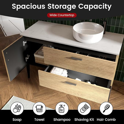 48" Bathroom Vanity with White Vessel Sink, Wall-Mounted, Oak | Fluted Bathroom Cabinet with Offset Ceramic Sink, 2 Soft-Closing Drawers & 1 Door, Engineered Stone Countertop