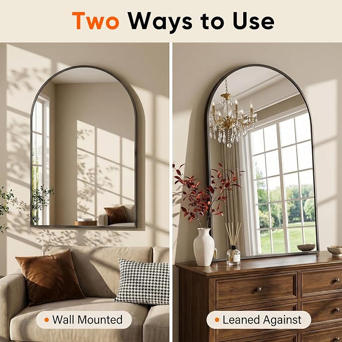 Antok Arched Bathroom Mirror, 24"x36" Wall Mounted Mirror, Vanity Mirrors for Over Sink, Aluminum Alloy Frame Bathroom Mirrors Living Room, Bedroom and Entryway, Black