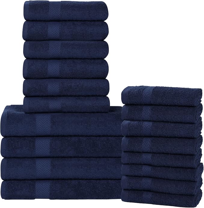 SUPERIOR 18-Piece Cotton Assorted Towel Set, Includes 8 Face Towel, 6 Hand, and 4 Bath Towels, Home, Bathroom, Guest Bath Essentials, Quick Dry, Absorbent, Franklin Collection - Navy Blue