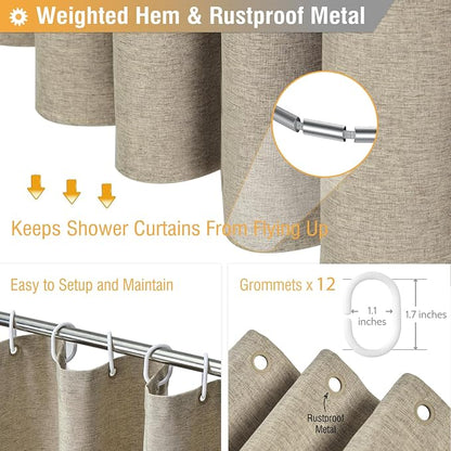 72x84 Long Linen Textured Waterproof Fabric Shower Curtain, Khaki/Tan | Heavy Duty Polyester Cloth, 12 Plastic Hooks, Elegant Drape, Modern Hotel Style, Bathroom Decor, Machine Washable, Quick-dry