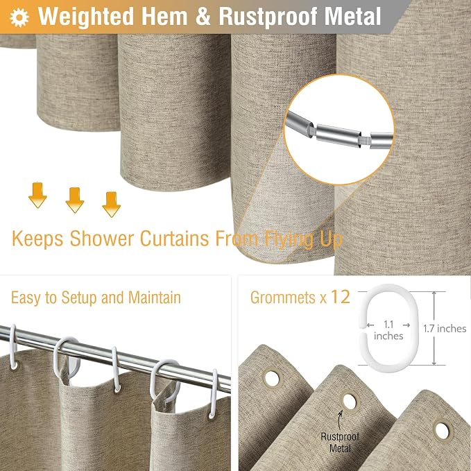 Extra Long Linen Textured Waterproof Shower Curtain, 72x96, Khaki/Tan | Heavy Duty Polyester Cloth, 12 Plastic Hooks, Elegant Drape, Modern Hotel Style, Bathroom Decor, Machine Washable, Quick-dry