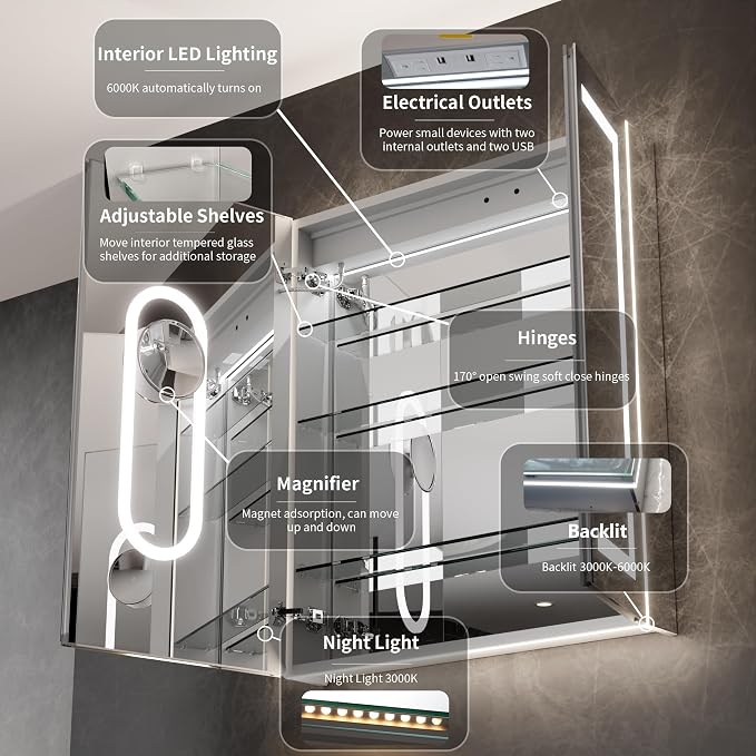 30"x36" Smart LED Medicine Cabinet with Mirror - Double Door Bathroom Storage, Anti-Fog, 3-Color Stepless Dimming, 5X Magnifier, Night Light, Soft-Close Hinges