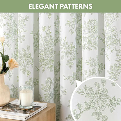 Spring Extra Long Sage Green Floral Shower Curtain W72*L90 Inches | Linen Textured Fabric, 12 Rustproof Metal Hooks, Wrinkle Resistant Cloth, Machine Washable, Bathroom Decor for Cottage Core