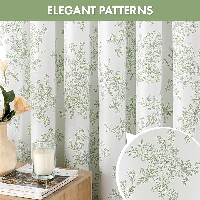 Spring Extra Long Sage Green Floral Shower Curtain W72*L84 Inches | Linen Textured Fabric, 12 Rustproof Metal Hooks, Wrinkle Resistant Cloth, Machine Washable, Bathroom Decor for Cottage Core