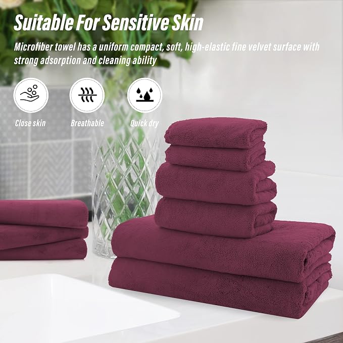 MOONQUEEN Ultra Soft Microfiber Coral Velvet Towel Set - Quick Drying, 2 Bath Towels, 2 Hand Towels, 2 Washcloths - Burgundy, 6 Pcs