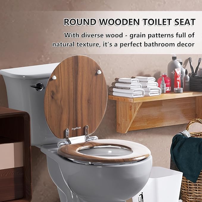 Round Toilet Seat Molded Wood Toilet Seat with Quietly Close and Quick Release Hinges, Easy to Install also Easy to Clean by Angol Shiold (Round, Natural)