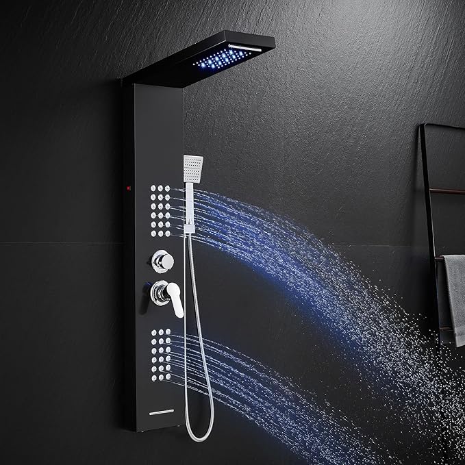 LED Shower Panel Tower System Black with Rainfall Waterfall Shower Head, 5-in-1 Shower Tower with Powerful Body Jets, Handheld Shower and Tub Spout, High Pressure Shower Column Stainless Steel