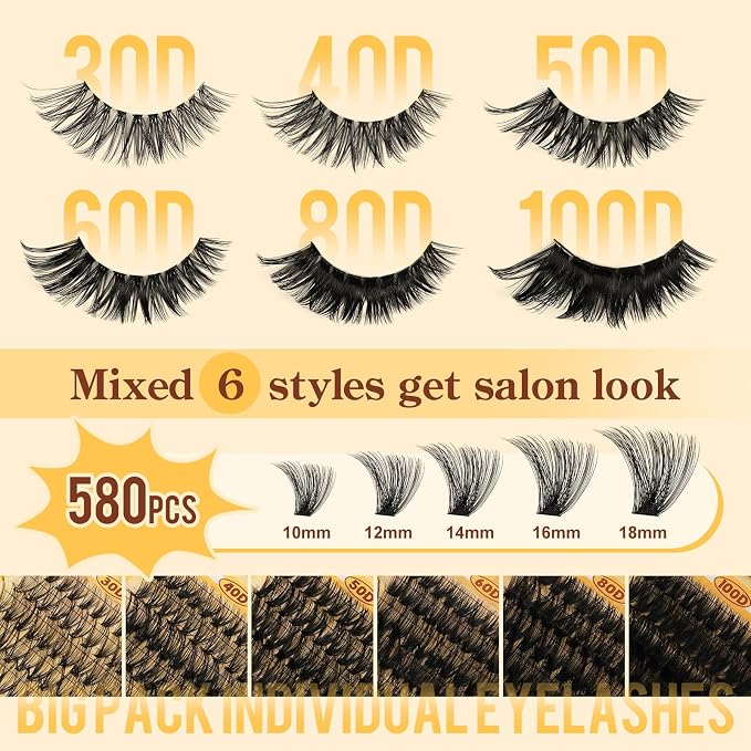 QUEWEL 580PCS Lash Clusters Kit 30D+40D+50D+60D+80D+100D Lash Clusters Kit | 10-18mm Cluster Lashes Individual Eyelash Clusters Reusable for Natural DIY Cluster Eyelash Extensions for Beginners