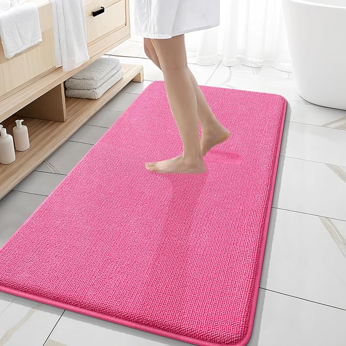 OLANLY Memory Foam Bathroom Runner Rugs 47x20, Absorbent Long Mat, Hot Pink | Soft Quick Dry Bath Rugs, Non-Slip Carpet, Machine Washable Mat for Bathroom Floor, Tub and Shower, Home Decor Accessories