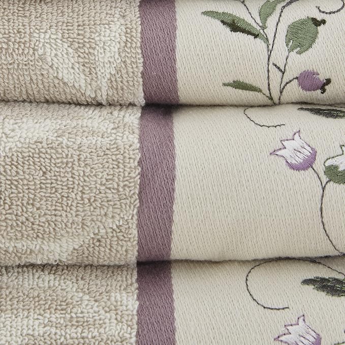 Madison Park Serene 100% Cotton Bath Towel Set Luxurious Floral Decorative Towels for Bathroom Embroidered Cotton Jacquard Design Soft Highly Absorbent for Shower 600 GSM, Multi-Sizes, Purple 6 Piece | Luxurious Floral Decorative Towels for Bathroom, E...