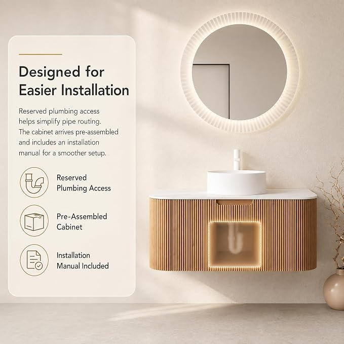 36 Inch Bathroom Vanity with Sink, Floating Wall Mounted Single Sink Vanity, Natural Woodgrain Curved Fluted Front, Stone Top, Pure White Round Vessel Basin, Pre-Assembled