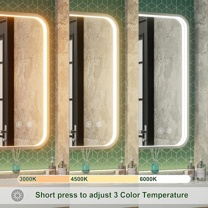 24"x36" Silver LED Bathroom Mirror with Lights,3000K/4500K/6000K | Stepless Dimmable,Anti-Fog,Memory Function,Aluminum Frame Wall Mount Lighted Bathroom Vanity Mirror,ETL Cert‌,IP54 Waterproof