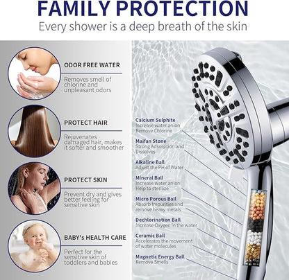 Filtered Shower Head with Handheld, Magnetic Adjustable, Chome | High Pressure 9 Spray Modes, 10-Stage Water Filtration System, Anti-Clog Nozzles, 60-Inch Long Hose