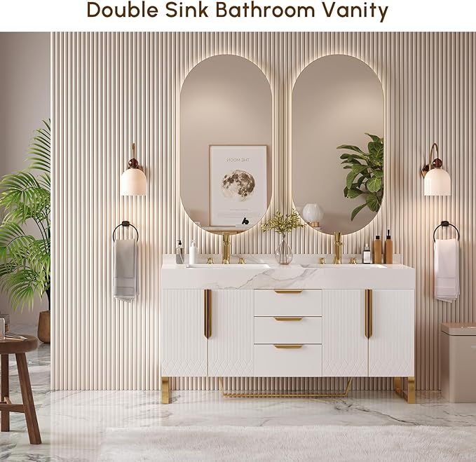 Bathroom Vanity with Sink, Modern Bathroom Vanity with Faux Marble Top, Gold Hardware & Soft-Close Drawers for Bathroom Storage (59.1 Inch, White, Double Sink & Freestanding)