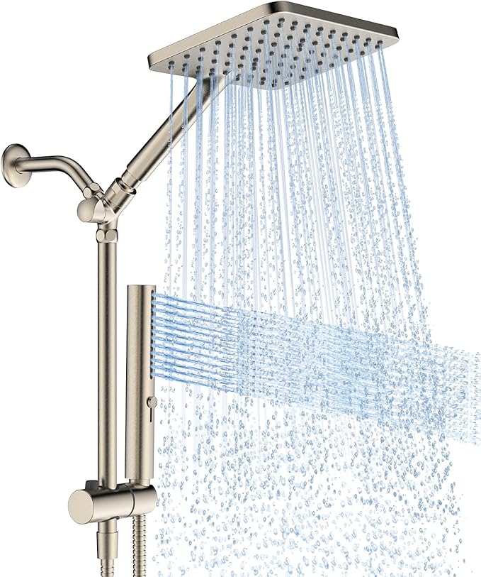 High Pressure Rain Shower Head with Handheld Combo, 10 Inch Square Rainfall Showerhead, Adjustable Slide Bar Dual Shower System, 3 Spray Modes, 59" Stainless Steel Hose, Brushed Nickel