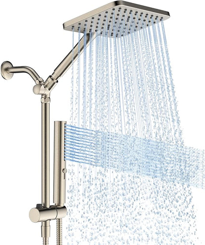 High Pressure Rain Shower Head with Handheld Combo, 10 Inch Square Rainfall Showerhead, Adjustable Slide Bar Dual Shower System, 3 Spray Modes, 59" Stainless Steel Hose, Brushed Nickel