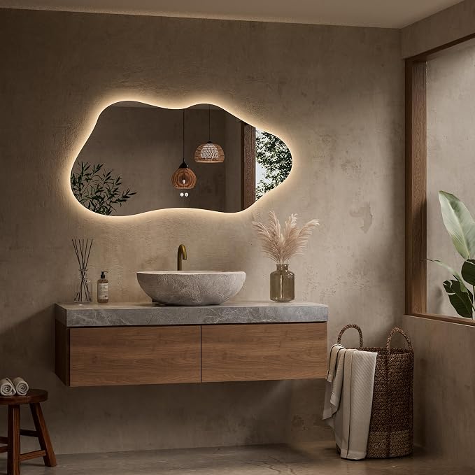 Keonjinn 48 x 24 Inch Asymmetrical Backlit Bathroom Mirror, Tempered Glass | Irregular Cloud Bathroom Mirror with Lights, 3 Color Lights, Dimmable, Fast Defogging, Memory Function, Plug-in/Hardwired
