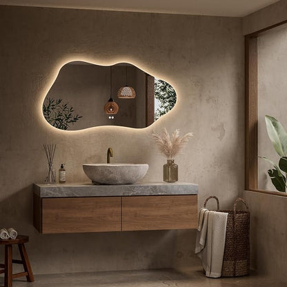 Keonjinn 48 x 24 Inch Asymmetrical Backlit Bathroom Mirror, Tempered Glass | Irregular Cloud Bathroom Mirror with Lights, 3 Color Lights, Dimmable, Fast Defogging, Memory Function, Plug-in/Hardwired